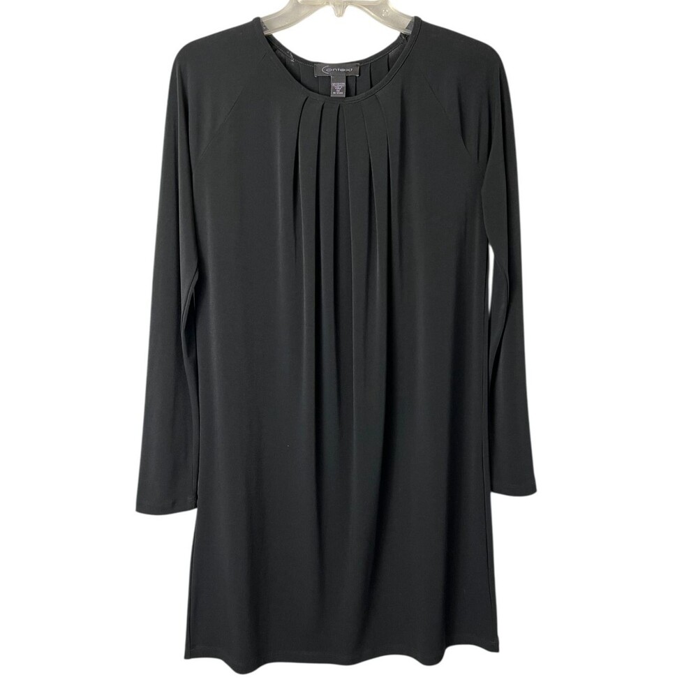 Context Long Sleeve Jersey Knit Shift Dress Size M Pleated Neck Office Church